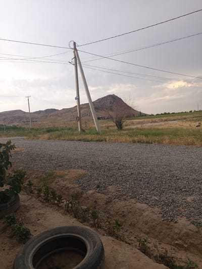 This media file depicts a rural landscape in Жаны-Кыштак, Kyrgyzstan. The scene is dominated by a gravel path in the foreground, leading towards a dry, grassy field dotted with sparse vegetation. In the middle ground, a large, barren tree stands near a small, dark building nestled among hills. Beyond the field, a prominent, rocky mountain rises against a cloudy sky. Power lines stretch across the frame, supported by concrete poles, with one pole featuring a blue sign with white text reading "N8948". In the immediate foreground, several old tires are visible, one of which is partially filled with soil and small green plants, suggesting a makeshift planter. The overall impression is one of a somewhat neglected, arid, and rugged environment under an overcast sky, possibly during the late afternoon or early evening given the muted light. There are no people or animals visible, and no discernable activity is taking place, giving the image a sense of stillness and quietude.