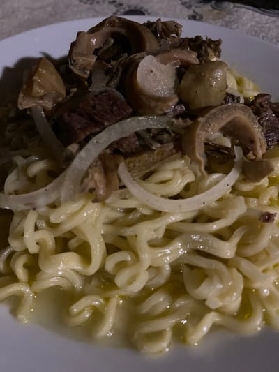 A close-up, overhead shot shows a bowl of food, likely a noodle dish with meat and onions, served on a white plate. The noodles are thick and yellow, with a glossy sheen from the broth. Mixed in with the noodles are pieces of dark meat, sliced white onions, and what appear to be cooked mushrooms or other similar fungi. The background is blurred and appears to be a textured surface, possibly a tablecloth. The lighting is dim, creating shadows and highlighting the textures of the food. The image does not provide any information about the specific location within S.burgondu, Kyrgyzstan.