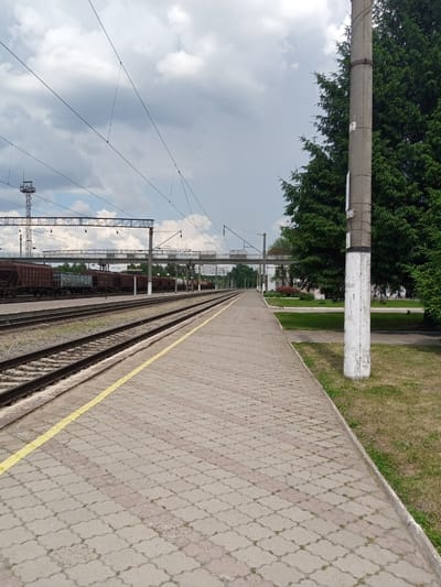 The image depicts a railway station platform in Romodan, Ukraine. The platform is paved with interlocking concrete blocks, marked by a yellow line along its edge. On the left, railroad tracks are visible, with freight cars parked on them. Overhead, power lines and supporting structures extend across the frame. To the right of the platform, a concrete utility pole stands tall, with a dense line of green coniferous trees behind it. The sky is overcast with clouds. The scene is devoid of people.