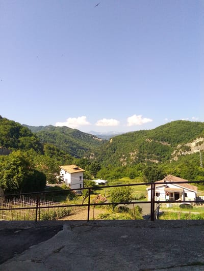 The image depicts a sunlit, rural landscape in Valle Castellana, Italy. In the foreground, a cracked concrete surface transitions to a rusty metal railing, behind which a garden with trellised plants and rows of vegetables is visible. Two houses are situated on the property; one is a white, two-story building with an orange-tiled roof, and the other, to the right, is a smaller, single-story dwelling also with an orange-tiled roof. The houses are surrounded by lush green trees and vegetation. In the background, rolling hills covered in dense green trees stretch towards the horizon under a clear blue sky with a few scattered white clouds. Several birds are visible in flight against the sky. The overall scene conveys a peaceful, natural setting.
