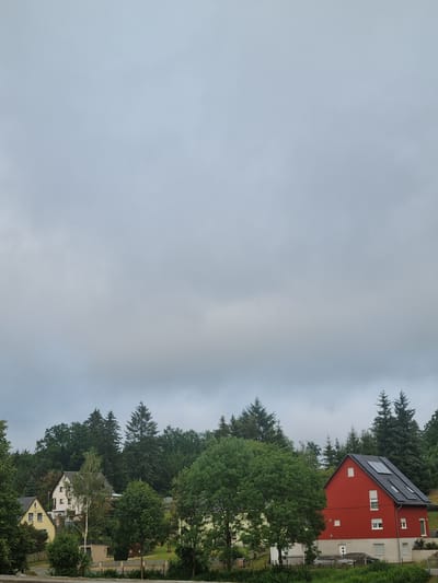 This image depicts a cloudy, overcast sky above a rural or semi-rural landscape in Mehltheuer, Germany. The foreground features lush green trees and vegetation, with several houses visible. To the left, a light yellow house with a dark roof is partially obscured by foliage. In the center, a white house with a dark roof and a tall, slender tree in front of it is visible. To the right, a bright red, modern-looking house with a dark roof and solar panels stands out. This house has several windows and a white door. The background is dominated by dense, dark green coniferous trees, creating a backdrop for the houses and vegetation. The overall impression is one of a quiet, possibly damp, day in a forested German village.