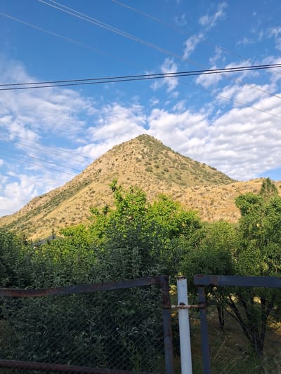 A slightly elevated, horizontal, medium shot captures a view of a conical, barren mountain in the distance, topped with scattered vegetation and a light tan hue. The mountain is partially obscured by a dense, lush green hedge in the foreground, which is bisected by a dark metal fence with a rusty bar. Behind the hedge, a few small trees with dark trunks are visible. The sky above is a bright blue, dotted with scattered white clouds, and traversed by thin, dark power lines. The scene is set in Vayk, Armenia, suggesting a rural or semi-rural environment.