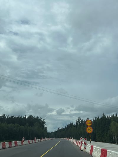 The image depicts a paved road winding through a forest under a cloudy sky. On the right side of the road, there are two circular traffic signs, one indicating "no overtaking" with two cars, and the other displaying a speed limit of "50". The road is bordered by a temporary barrier made of white and red plastic segments, commonly used in construction or road maintenance. These barriers are intermittently placed along the roadside. The surrounding environment is dense with evergreen trees, characteristic of a forest. Power lines are visible in the sky, stretched horizontally across the frame. The scene suggests a road under construction or repair, possibly within or near a wooded area in the Lahojsk selsaviet, Belarus. There are no people or vehicles visible in the image.