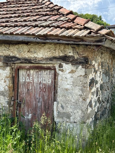 The image depicts a section of an aged, rural building, likely in Ogradna, Bulgaria, although this cannot be conclusively determined from the image alone. The building's construction is characterized by a stone wall with deteriorating plaster. A weathered, wooden door is set into the wall, featuring faded, Cyrillic script and numbers "30" painted on its surface. A simple metal latch secures the door. The building is topped with a traditional red tile roof, partially visible in the upper left of the frame. Tall, wild grasses grow alongside the building, partially obscuring the lower portion of the wall and the wooden door. A backdrop of trees under a cloudy sky further suggests a rural setting.
