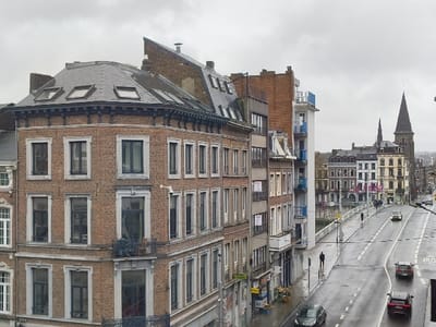 This image depicts a wet, overcast urban scene in Liège, Belgium, specifically looking north along the Meuse River. The foreground shows a multi-story building located on a quai, likely Quai de la Batte, with the Pont des Arches bridge and Église Saint-Barthélemy visible in the mid-ground and background, respectively.
The scene is dominated by a large, four-story red brick building with a dark slate mansard roof on the left, featuring multiple skylights and ornate cornices. Its rounded corner and numerous rectangular windows with dark frames are prominent. A white CCTV camera is mounted on the building's facade. Below it, a small balcony contains dark foliage. Adjacent to this, a row of diverse buildings continues, including one with multiple small balconies featuring light blue railings and another displaying an "A LOUER" (For Rent) banner. The ground floors of some buildings house commercial establishments, with goods visible outside one.
A wide, wet asphalt road runs diagonally from the lower left towards the upper right, showing white dashed lane markings and a stenciled "BUS" marking in a dedicated lane. Multiple vehicles are present: a dark sedan in the left lane, a dark SUV/hatchback in the bus lane, a lighter sedan further ahead, and another dark SUV/hatchback on the bridge, all traveling away from the viewer.
The road transitions into a white-railed bridge, the Pont des Arches, which crosses the Meuse River (partially visible to the left of the bridge). Pedestrians are visible on the sidewalk of the bridge and further down the street. One individual walks alone on the sidewalk next to the road in the mid-ground. Approximately seven to ten indistinct figures are present across the scene.
In the background, the street and bridge extend, lined by more densely packed buildings of varied architectural styles. A tall, dark, pointed church spire, identified as belonging to the Église Saint-Barthélemy, rises prominently on the distant right. The sky is uniformly overcast and light gray, indicating a dull or recent wet weather condition, as evidenced by the reflective road surfaces.