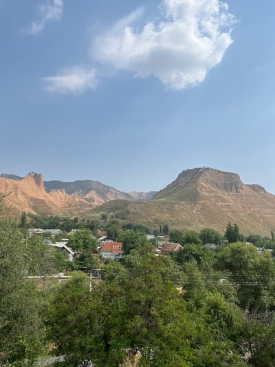 This is a landscape photograph of Mailuu-Suu City, Kyrgyzstan, taken from an elevated viewpoint. The scene is dominated by a clear blue sky with scattered white clouds. In the mid-ground, a cluster of houses with red and white roofs are nestled amongst lush green trees. Beyond the village, rolling hills and rugged, ochre-colored mountains rise majestically. The foreground is filled with dense foliage, primarily green trees, partially obscuring the view of the village and its surroundings. The overall impression is one of a rural settlement surrounded by dramatic natural scenery under a bright sky.