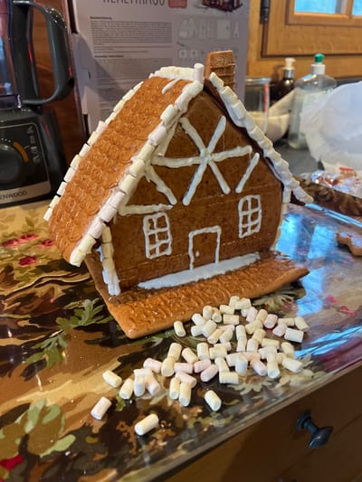 The scene is captured in Bailleul-la-Vallée, France, displaying a decorated gingerbread house on a countertop. The gingerbread house, centrally positioned, is constructed from brown gingerbread pieces with textured roof tiles. White royal icing outlines two front windows, a door, and creates a stylized starburst pattern on the gable. The roof edges are adorned with rows of white and light pink mini marshmallows, mimicking snow. The house rests on an extended gingerbread base. In the immediate foreground, approximately fifty small, cylindrical mini marshmallows, primarily white with a few light pink ones, are scattered on the glossy surface.
To the left of the gingerbread house, a dark-colored Kenwood brand blender is visible, resting on a patterned textile surface. Behind the blender and the house, a white cardboard box with text and diagrams, likely the packaging for the gingerbread house kit, stands upright. The background on the right side features a blurred view of a kitchen area, including various bottles (one clear with a pump, another opaque), a glass jar, and a white plastic bag, all situated near a window. The entire setup is situated on a glossy, reflective surface which overlays a textile featuring a floral/foliage pattern in shades of brown, green, and red. A dark, decorative drawer pull is visible on a wooden cabinet beneath the counter on the far right.
