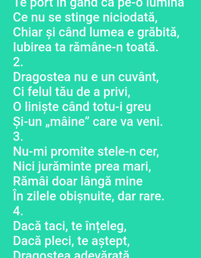 This image is a close-up, vertical shot of text written in Romanian on a bright turquoise background. The text is in all caps, white and has a slightly grainy texture. It is not possible to determine the location in Benešov nad Ploučnicí, Czechia from this image. There are no people, subjects, objects, actions, interactions or environmental details discernible in the image.