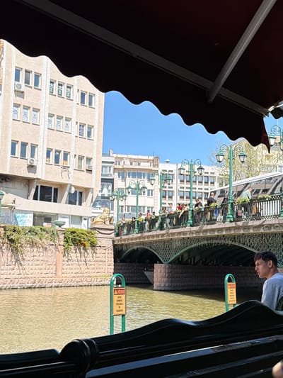 The image captures a vibrant daytime scene in Eskisehir, Turkey, likely along the Porsuk River. The perspective is from beneath a dark red, scalloped awning, possibly from a cafe or restaurant, looking out over the water and a bustling city environment.
In the foreground, the dark red awning forms a significant part of the left and top edges. A young man with short, dark curly hair, wearing a light grey t-shirt, is visible on the right, looking down towards the murky, light greenish-brown water below. He appears to be leaning against a dark metal railing that runs along the edge of the viewing point.
Below him and extending across the frame are two yellow and green warning signs attached to green metal loops by the water's edge. The text on these signs, written in Turkish, reads "DİKKAT! SUYA GİRMEK TEHLİKELİ VE YASAKTIR." which translates to "ATTENTION! ENTERING THE WATER IS DANGEROUS AND FORBIDDEN."
Across the water, a decorative green metal bridge or walkway is visible, lined with ornate lampposts featuring multiple lights and flower boxes. Several people can be seen standing and strolling on this structure. Beyond the bridge, modern buildings with numerous windows and some air conditioning units line the riverbank under a clear blue sky. A golden lion statue is perched on the bank between the bridge and the buildings. Some windows on the buildings display signs, including a partial phone number "0542...". The general atmosphere is bright and sunny, indicating good weather.