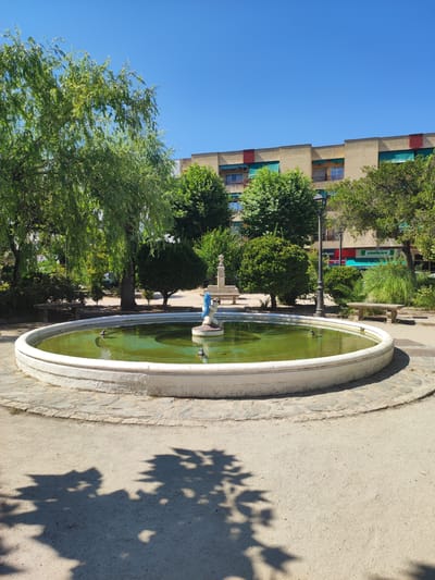 A circular fountain with white edging is the central subject of the image. The fountain's pool is filled with murky green water. A small statue of a figure in blue is visible in the center of the fountain, and there are two birds swimming in the water. The fountain is surrounded by a gravel path and a stone border.
In the background, a variety of trees with lush green foliage are present, suggesting a park or garden setting. Beyond the trees, a multi-story building with balconies and awnings is visible, its facade painted in shades of beige and accented with red and green. A lamppost stands to the right of the fountain. Stone benches are placed in the shaded areas around the fountain.
The image depicts a daytime scene under a clear, bright blue sky, indicating sunny weather. The shadows cast by the trees on the gravel path suggest the sun is high in the sky, likely midday. The overall atmosphere is peaceful and tranquil, typical of a pleasant day in a public outdoor space.
Visible text includes the word "COVRAN" on a green and white sign on the building in the background, and what appears to be "CENTAUREA" below it, possibly a store or business name. The location context is Valencia de Alcántara, Spain.
