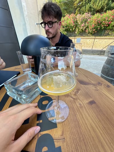 In Cucuron, France, at an outdoor table with a wooden surface, a man with dark, curly hair, a beard, and glasses sits and looks down. He is wearing a black polo shirt. In front of him, a beer glass sits partially filled with a light-colored beverage, with foam on its rim and sides. An empty glass is visible behind the beer glass, and another glass is further back. To the left of the beer glass, a rectangular glass ashtray sits empty. A dark notebook or folder is also on the table, partially obscured by a person's hand reaching into the frame from the bottom left. In the background, a fence separates the seating area from a path or road, beyond which is a stone wall and lush greenery with pink flowers. Two wooden barrels are visible to the right.