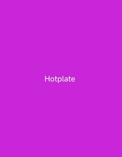 The image is a plain, vibrant purple background with the word "Hotplate" written in white text centered in the lower half of the frame. The text is sans-serif and appears to be a simple font. There are no people, objects, or discernible scene or setting visible in the image. The activity or event taking place is not apparent. There are no notable details regarding time of day, weather, location cues, or emotions. The only visible text is "Hotplate".