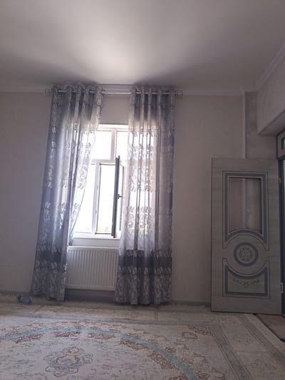 The image shows an interior view of a room with light-colored walls and a light-colored ceiling with crown molding. In the center of the image, there is a window with white trim, and a white radiator is visible beneath it. Two translucent curtains with a gray floral pattern hang on either side of the window, suspended from a metal curtain rod. To the right of the window, a light-colored wooden door with decorative paneling is visible, slightly ajar. The floor is covered with a patterned rug in shades of cream, brown, and blue. A clear plastic water bottle lies on the floor near the left curtain. The overall lighting suggests it is daytime, with light entering through the window. The scene appears to be in a residential setting.