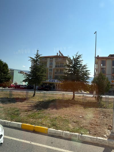 The image depicts a street scene in Serinhisar, Turkey, on a clear, sunny day. In the foreground, a two-lane asphalt road runs horizontally, bordered by a concrete curb painted with alternating white and yellow sections. Beyond the curb is a patch of dry grass and soil, enclosed by a metal fence.
Behind the fence, several cars are parked, including a red sedan, a white sedan, and a dark-colored SUV. Two multi-story buildings stand further back. The building on the left is a light blue structure, while the one on the right is a tan building with balconies and numerous windows. A large pine tree is situated prominently between the two buildings, casting a shadow on the fence and the ground. A street lamp stands to the right of the tan building. The sky above is a clear, bright blue, with a few wispy clouds visible. Faint, reversed text is visible on what appears to be a glass surface, suggesting the photo might have been taken from inside a vehicle.