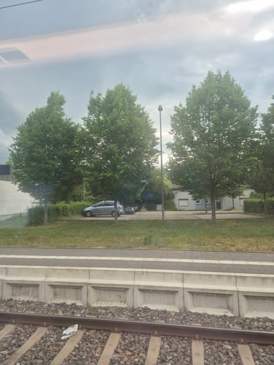 View from a train in Möckmühl, Germany, showing trees, a car, and a street lamp. The train track is visible on the right. There's a concrete wall separating the track from a grassy area. A road and buildings are visible in the background. The sky is overcast.