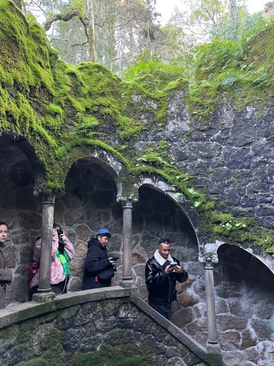 The image displays a moss-covered stone architectural structure within the Quinta da Regaleira estate in Sintra (Santa Maria e São Miguel, São Martinho e São Pedro de Penaferrim), Portugal. The structure features dark gray, rough-hewn stone walls, multiple rounded arches, and ornate stone columns with decorative capitals and bases. Extensive bright green moss and various ferns proliferate across all visible stone surfaces, including the walls, arches, and a low stone balustrade in the foreground. Above the structure, the canopy of trees and foliage is visible against a bright, diffuse sky, indicating an outdoor, partially shaded environment.
Four individuals are positioned on a stone pathway and steps within the structure. From left to right:
1. A female, partially visible on the far left, wears a light brown long-sleeved garment and looks towards the left.
2. A second female, positioned behind a stone column, holds a black smartphone horizontally with both hands, pointed forward as if capturing an image. She wears a pink and white floral-patterned fuzzy jacket over a bright green scarf, with a red item visible on her left side.
3. A male, wearing a dark blue beanie and a dark puffer jacket, stands to the right of the second female. He holds a black smartphone horizontally with both hands, gazing down at the screen. A dark strap crosses his chest.
4. A fourth male, positioned on a lower stone step to the far right, wears a shiny black leather jacket with a white shearling collar and dark sunglasses perched on his head. He holds a white smartphone horizontally with both hands, also looking down at its screen.
The individuals are primarily engaged with their mobile devices or observing their immediate surroundings, with no direct interaction between them apparent.
