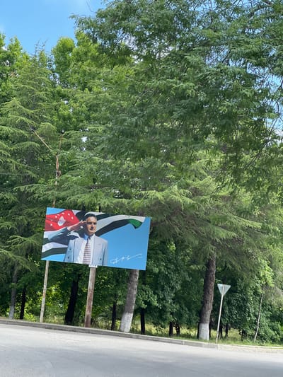 This media file depicts an outdoor scene with a large poster featuring a man in a light-colored suit and striped tie. The man is shown from the chest up, with his right hand touching his chin as he looks to his left. Behind him, there are flags that appear to be red, white, and green, and a portion of a signature in cursive script is visible on a light blue background. The poster is supported by metal poles, one of which is rusted.
The setting is a roadside with lush green trees and foliage surrounding the poster. The trees are dense and create a natural backdrop. In the distance, a gray asphalt road with a curb is visible, suggesting an urban or semi-urban environment. A white triangular road sign is also present on a pole behind the poster, indicating a traffic direction or warning. The sky is clear and blue, suggesting it is daytime with good weather. The lighting on the poster indicates it is sunny.
There is some faint text on a white sticker attached to the bottom right of the poster, reading "T-12". The overall scene suggests a public display or advertisement in a natural, outdoor setting. The image has been rotated 90 degrees counterclockwise.