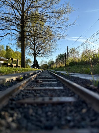 The image presents a low-angle perspective of a miniature railway track in Olingen, Luxembourg. The track runs towards the horizon, exhibiting a strong depth of field. The track is bordered by ballast, with vegetation interspersed. Adjacent to the track is a grass verge and a barbed wire fence. Beyond the fence, trees and a building are visible. In the background, a clear blue sky with contrails is present. A wooden bench sits alongside the track near the top of the frame.