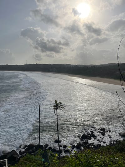 An elevated, full shot captures a serene coastal view of Talalla, Sri Lanka. The sun, partially obscured by clouds, casts a luminous glow over the scene, illuminating the dynamic ocean waves. These waves crash onto a sandy beach that curves into the distance, bordered by a lush, tree-covered hillside. Two solitary palm trees stand on the rocky shore in the foreground, silhouetted against the bright sea and sky. The overall impression is one of natural beauty and tranquility, with the sun's rays creating a dazzling reflection on the water's surface.