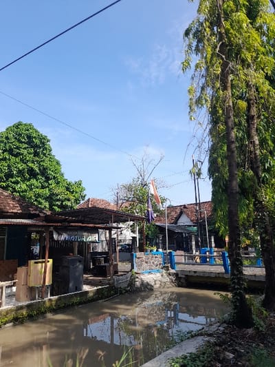 A narrow canal, reflecting the structures alongside, dominates the right side. Buildings line the canal with a mix of open-air structures, flags, and traditional tiled roofs visible. Lush trees border the scene, framing the blue sky above. A power line cuts diagonally across the sky. The lighting suggests a sunny day, casting shadows and highlighting the textures of the buildings and foliage.