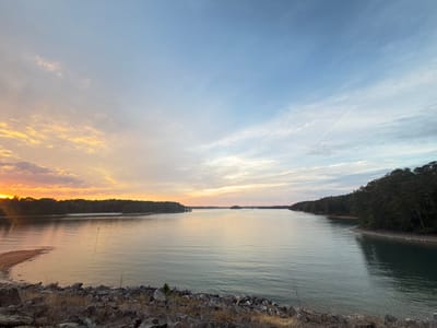 This image depicts a wide panoramic view of Lake Lanier, located near Buford, Georgia, United States, at sunset. The sky on the left (western) side exhibits warm orange and yellow tones from the setting sun, with scattered clouds that transition to a pale blue with wispy white clouds on the right (eastern) side. A distinct, thin white contrail extends diagonally across the upper-right quadrant of the sky. The calm surface of the lake reflects the sky's colors, appearing golden-orange on the left and a cooler greenish-blue on the right, with subtle ripples evident. Both the left and right shorelines are densely forested with evergreen trees. A small sandy beach or bank curves into the water in the lower-left portion of the image. Approximately in the center-left of the water, a slender, light-colored pole is partially submerged, leaning slightly. Several small landmasses or islands are discernible in the distance along the lake. The immediate foreground consists of a rocky, uneven terrain covered with various sizes of grey and brown stones and sparse, dry vegetation. No individuals or animals are visible within the scene.