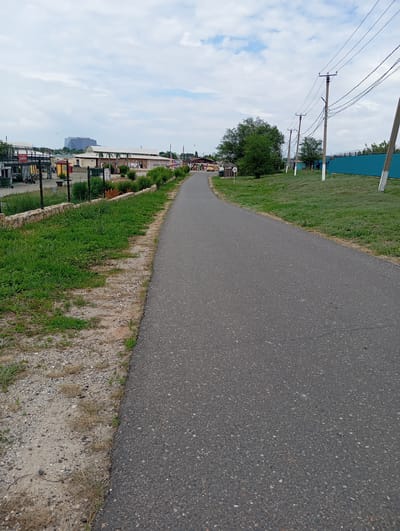 A paved road curves into the distance on a cloudy day in Sol-Iletsk, Russia. To the left of the road, a low stone wall separates the pavement from a patch of green grass and a gravelly area. Beyond the wall, a black metal fence encloses several structures, including some small buildings that appear to be stalls or shops. In the background, a larger modern building with a distinctive geometric design stands against the sky. To the right of the road, a grassy slope rises, dotted with trees. Utility poles with electrical wires run along the right side of the road, parallel to a bright blue fence. The road surface is asphalt, showing some minor wear and tear. A speed limit sign indicating "20" is visible on the left side of the road, near the entrance to the market area. The overall scene depicts a commercial or market area on the outskirts of town, under a muted sky.