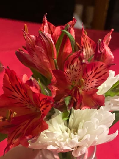 A floral arrangement features red-orange Alstroemeria flowers with distinctive dark stripes and speckled patterns. These blossoms are contrasted by a cluster of pure white chrysanthemums. The flowers are set against a backdrop of solid red, creating a vibrant color palette. Some green foliage peeks through the blooms, adding a touch of natural contrast. The overall image suggests a sense of freshness and beauty.