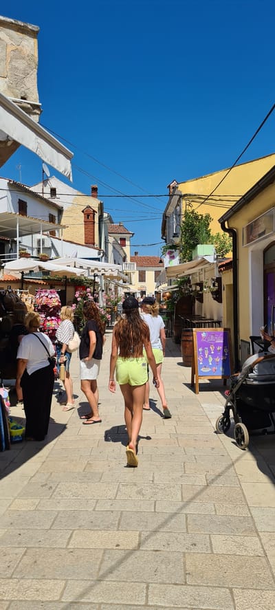 The image depicts a sunlit street scene in Općina Fažana, Croatia. Several people are walking along a cobblestone path, suggesting a leisurely stroll or shopping excursion. The time of day appears to be midday or early afternoon, indicated by the bright sunlight casting distinct shadows. The sky is a clear, vibrant blue, and the overall atmosphere seems warm and pleasant, characteristic of a summer day in a Mediterranean coastal town.
The subjects include a group of individuals, predominantly women, walking in the same direction. One woman in the foreground is wearing bright lime green shorts and a dark top, with long, wavy brown hair. Another woman in front of her is wearing a white top and white shorts. Further back, a woman with blonde hair is visible. Some individuals appear to be a family, possibly with a stroller visible near a shop displaying colorful ice cream illustrations.
The setting is a charming European street lined with buildings. The architecture suggests a historical town with traditional features, including tiled roofs and colorful facades. White awnings and market stalls are set up along the street, indicating a commercial area with shops selling various goods, possibly souvenirs or local products. Pink flowers add a touch of color and vibrancy to the scene. A wooden barrel and a sign with colorful illustrations of ice cream are visible, hinting at a place selling frozen treats.
Visible text includes "Ljetna Rižota" on the ice cream sign, which translates to "Summer Risotto" or "Summer Risotto," likely promoting a specific menu item or offering. The overall impression is one of a relaxed and picturesque vacation destination.