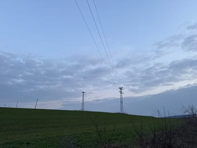 The image depicts a rural landscape near Omarchevo, Bulgaria, under a partially cloudy sky, likely during dawn or dusk. The upper half of the frame is dominated by a light blue sky transitioning to grayer tones towards the horizon, interspersed with textured, scattered clouds. Multiple power lines traverse the sky, extending from the upper left towards the middle right. Two lattice steel transmission towers are prominently positioned on the horizon of an ascending green field, with the rightmost tower being closer and more detailed. A third, simpler utility pole is visible further to the left on the same horizon line. The middle and lower portions of the image feature a vast expanse of green agricultural field, indicative of young crops. In the immediate foreground, at the bottom right, out-of-focus dark, leafless shrubbery is present. No individuals, animals, or active subjects are visible in the scene.