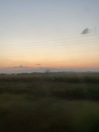 The image depicts a rural landscape at dusk in Taraclia, Moldova. A vast field of dark green grass occupies the foreground. In the middle ground, a hazy line of trees and brush marks the horizon, with a faint mist or fog obscuring the details of the distant landscape. Above the horizon, the sky transitions from a pale orange at the bottom to a soft, light blue at the top. Several thin, parallel lines, likely power lines, stretch horizontally across the upper portion of the sky. A small, solitary, dark cloud is visible in the upper right quadrant of the image. The overall scene is tranquil and serene, characteristic of a twilight in a rural setting.