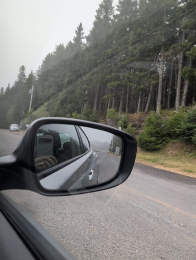 A rearview mirror of a car reflects the scene of a foggy day on a road lined with tall evergreen trees. In the mirror, a person's hand wearing a ring is visible, holding a smartphone. The road extends into the distance, and on the left side of the mirror, a white car is parked by the roadside. Further down the road, a utility pole is visible. The environment suggests a rural or coastal area, possibly in West Isles Parish, Canada, characterized by dense forest and misty weather conditions. The overall impression is one of a serene and overcast drive through a natural landscape.