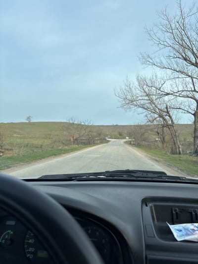The image depicts a forward-facing view from the interior of a vehicle traveling on an asphalt road in Suhache, Bulgaria. The vehicle's dark-colored dashboard, steering wheel (left side), and windshield wipers are visible in the foreground. A section of the instrument cluster, including a temperature gauge and part of a speedometer, is visible below the steering wheel. On the right side of the dashboard, a small white and blue packet is resting in an open compartment.
The asphalt road, appearing somewhat worn, extends into the midground, gently curving to the right in the distance. Flanking the road are green grassy verges and undulating hills covered in green and brown vegetation. Numerous deciduous trees, bare of leaves, line both sides of the road, with several prominent on the right. Further along the road, a structure resembling a bridge with light-colored railings is visible. The background consists of rolling hills under a light blue, overcast sky. A single, bare tree stands isolated on a distant hill to the left. No individuals or specific actions are discernible beyond the implicit movement of the vehicle.