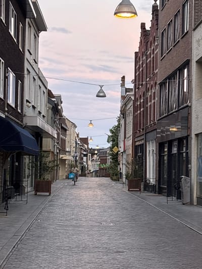 The image depicts a view down a cobblestone street in Sittard, Netherlands, likely during twilight. The street is lined with buildings of varying architectural styles, predominantly brick structures with multiple windows. Overhead, several modern, bell-shaped pendant lights are strung across the street.
In the mid-ground, a person is riding a bicycle away from the camera. The cyclist is carrying a bright blue bag. The street is paved with light gray cobblestones. Potted plants are visible along the sides of the street in front of some of the buildings.
The sky above is a pale pink and grey, suggesting the sun has recently set or is about to rise. The overall atmosphere is quiet and serene.