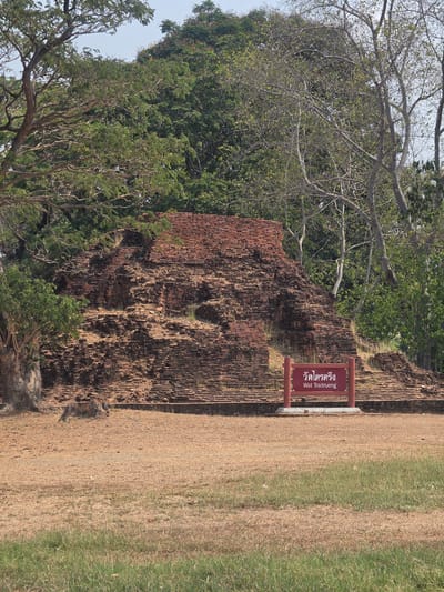 The image depicts a ruin in Phra Nakhon Si Ayutthaya City Municipality, Thailand. The ruin is made of red bricks, and is partially obscured by trees. A brown sign with Thai script and the English translation "Wat Traitrueng" stands next to the ruin. The ground is covered with brown dirt and green grass.