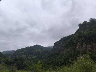 The image depicts a mountainous landscape with lush green vegetation. The sky is overcast with a layer of grey clouds. In the foreground, there are trees and some white wildflowers. The middle ground is dominated by rolling hills covered in dense forests. On the right side of the image, a steep, rocky cliff face rises, also covered with trees. In the background, more distant mountains are visible, shrouded in haze. The overall scene suggests a natural, outdoor environment in a mountainous region. The location is identified as Vahagni, Armenia, implying it is a view of the natural scenery within or near that locality. There are no people or discernible man-made structures in the image, apart from what might be a distant tower on one of the far hills.