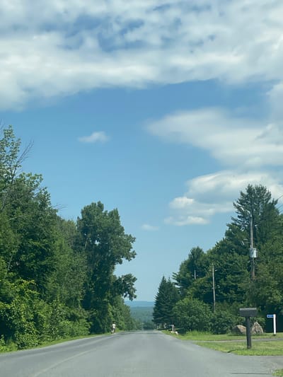A drone shot captures a tree-lined road leading into the distance, under a bright blue sky with scattered clouds. Dense green foliage flanks both sides of the asphalt road, with a single person walking on the side of the road on the left. Further down the road, on the right, a mailbox stands next to a large rock. The landscape recedes into a hazy horizon with rolling hills. The scene appears to be a rural setting in East Hawkesbury, Canada.