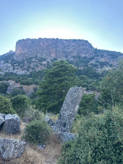 A vertical, eye-level shot depicts a majestic, flat-topped mountain against a pale blue sky. The mountain's face is deeply carved with numerous rectangular openings, suggesting ancient structures or tombs. Vegetation, including pine trees and various shrubs, covers the lower slopes and foreground. In the immediate foreground, large rocks and dry grasses are scattered. A tall, slender, upright stone stands prominently in the middle ground. The scene is located in the vicinity of the ancient city of Tlos, near Seydikemer, Turkey. There are no people or animals visible.