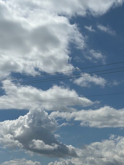 The media file is a vertical, low-angle shot of a bright blue sky filled with a variety of white and gray clouds. Several dark, thin, parallel lines, which appear to be power lines, stretch diagonally across the frame from the bottom left to the top right. The clouds range from wispy, thin formations to larger, more voluminous, cumulonimbus-like structures, some casting shadows on themselves. The light suggests it is daytime, likely late morning or afternoon, with the sun illuminating the clouds from above. There are no people or specific objects visible besides the power lines and clouds. The scene is an outdoor sky view, with no identifiable location cues beyond the implied presence of human infrastructure (the power lines). The overall mood is one of a typical, cloudy day. There is no visible text in the image.