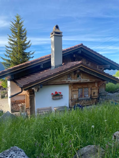 In Axalp, Switzerland, a wooden alpine house sits on a hillside with a steep, tiled roof and a prominent stone chimney. A tall evergreen tree stands to the left of the house. In front of the house, a white-painted section features a window box with red flowers. To the left of this section, a covered alcove is filled with neatly stacked firewood. The foreground is dominated by tall, green grass and several large rocks. The sky is clear blue with wispy clouds. The scene appears to be a private residence in a rural, mountainous setting.