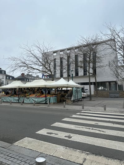 The image displays an outdoor market operating in Serris, France, set within an urban environment under an overcast sky.

In the foreground, a pedestrian zebra crossing spans an asphalt road. Silver bollards are spaced along the curb to the right of the crossing.

The midground is dominated by a series of at least five interconnected market stalls. Each stall features a white peaked canopy and is skirted with green and white vertically striped fabric. Abundant fresh produce, including various fruits such as apples and oranges, and vegetables, is displayed on tables within the stalls. Several human figures, indistinct due to distance, are present at the stalls, appearing to be vendors and possibly customers. Wooden crates are stacked at the ends of the market setup. A white commercial van is partially visible parked behind the market stalls on the right side.

The background features architectural diversity. Directly behind the market stalls, a prominent, modern, multi-story white building stands, identified as the Mairie de Serris. This building has a flat roofline with recessed sections and features five tall, narrow vertical windows on its visible facade. A French national flag and a second flag are displayed on poles near the building's entrance. To the left of the modern building, older, traditional multi-story European buildings with gray sloped roofs are visible. Numerous bare deciduous trees with intricate branch patterns are distributed throughout the scene, particularly in front of and around the modern municipal building, indicating a non-foliated season.