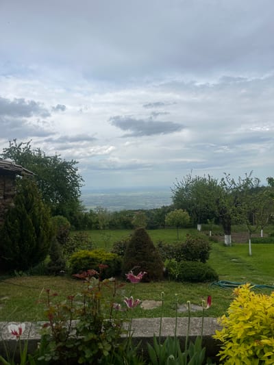 The image shows a garden landscape. In the foreground are flowers and greenery, with a concrete border. Beyond this is a well-maintained lawn dotted with trees and bushes. In the distance, a valley stretches out under a cloudy sky. There are no people visible in the scene. The location is not identifiable as Yavrovo, Bulgaria based on the image.