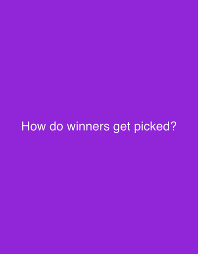 The image is a plain purple background with the question "How do winners get picked?" written in white text. The location in the city of Villaviciosa, Spain, is not discernable from the image.