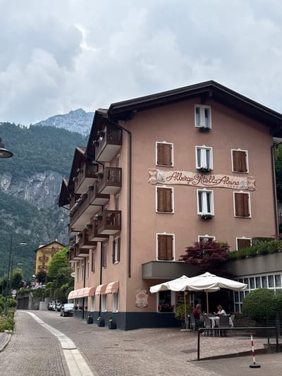 The image shows the exterior of a hotel or guesthouse, likely in a mountainous region. The building is a few stories tall with a light brown facade. Numerous windows with brown shutters are visible, as well as balconies adorned with flower boxes. A large banner with ornate lettering hangs vertically on the building, displaying the text "Albergo Stella Alpina" with three stars above and floral motifs below.

In front of the building, there is an outdoor seating area with tables and chairs, covered by a large white umbrella. Two people are seated at one of the tables, and another person is partially visible in the background. The ground in front of the building is paved with cobblestones. To the right, a street with a white line marking is visible, along with a red and white striped barrier pole.

Behind the building, a lush green mountainside covered with trees slopes upwards, and rocky mountain peaks are visible against a cloudy sky. The overall scene suggests a daytime setting in a European town or village, possibly in the Alps, given the mountain backdrop and the Italian text. The weather appears overcast.