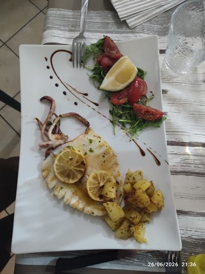 This media file shows a close-up overhead view of a white rectangular plate filled with a meal. The main subject is a grilled squid dish, served with roasted potatoes and a small salad of arugula and cherry tomatoes. The squid is lightly grilled and garnished with slices of lemon and finely chopped parsley. The potatoes are cubed and appear seasoned with herbs. The salad is dressed and has a lemon wedge on top. A dark balsamic glaze is drizzled artfully across the plate.
The meal is set on a table with a light-colored, wood-grain patterned tablecloth and a striped napkin. A silver fork is positioned above the plate. To the right of the plate, a clear, textured glass is partially visible, suggesting a beverage was also served. The lighting suggests it is daytime.
The bottom right corner of the image contains visible text: "26/06/2026 21:36". This text indicates the date and time the photo was taken. While the location context is provided as Scordia, Italy, there are no explicit visual cues within the image itself confirming this specific location. The overall impression is of a restaurant setting, likely during a meal.