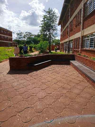 The image displays an outdoor institutional campus scene located in Chinhoyi, Zimbabwe, under a partly cloudy sky. The immediate foreground features a reddish-brown interlocking paver pathway with a distinct wavy pattern. In the midground, a dark brick-built, L-shaped structure with a dark capstone, functioning as a bench or planter, separates the foreground pavers from a narrower pathway.
To the right, a multi-story building constructed from reddish-brown bricks with white horizontal trim and multiple louvered windows is prominently visible. A dark, flat ledge or planter runs along its base. In the left background, a second, similar multi-story brick building is partially obscured by a grassy incline and vegetation.
Two adult individuals are positioned in the midground-left, near a narrow paved path. One individual, wearing a light-colored long-sleeved shirt and light trousers, faces away from the camera. Adjacent to them is a second individual, wearing a blue collared shirt and dark trousers, also facing away or partially turned.
A tall, slender tree with green foliage stands centrally in the background, surrounded by various green trees and shrubs. Grassy areas are visible on the left side of the frame, bordering the pathways and buildings. The scene is brightly lit by natural sunlight, casting discernible shadows.