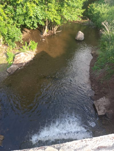 The image shows a view from above of a small, shallow river flowing through a wooded area. The water is brown and murky, with a rocky bottom visible in some areas. There is a large, grey rock in the middle of the river, and a small waterfall at the bottom of the frame. The banks of the river are lined with green trees and bushes, and some dry grasses. A concrete structure is visible along the bottom edge of the image, suggesting it might be a bridge or a dam. The scene is tranquil and natural, with no signs of human activity except for the concrete structure. It's impossible to determine the specific location within Sterlibashevo, Russia from the image alone.