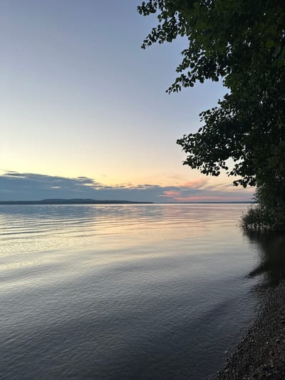 The image depicts a serene natural landscape at dusk, likely near the city of Gory, Russia. The scene is dominated by a vast body of water, possibly a lake or river, with gentle ripples reflecting the soft hues of the sunset. The sky transitions from a pale blue at the top to warmer tones of yellow, pink, and orange near the horizon, where a distant, tree-lined landmass is visible. The foreground features a small, pebbled shoreline on the right side, with lush green foliage from overhanging trees casting shadows on the water. There are no people or animals visible in the image. The overall atmosphere is tranquil and peaceful, characteristic of a quiet evening by the water.
