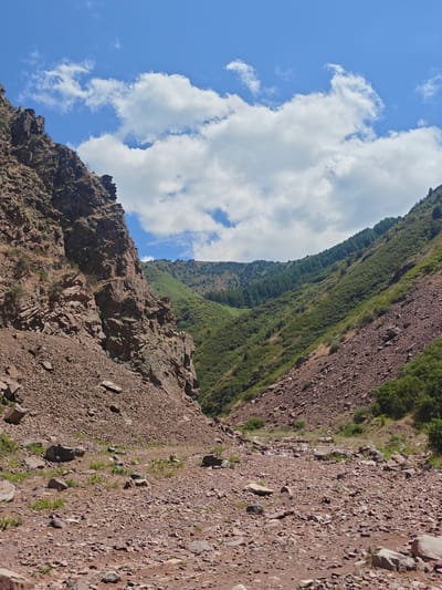 This image depicts a rocky, mountainous terrain under a partly cloudy blue sky. The foreground is dominated by a dry, rocky riverbed or trail strewn with various sized reddish-brown rocks and sparse green vegetation. To the left, a steep, jagged cliff face of the same reddish-brown rock rises dramatically. On the right, a gentler, verdant slope covered in dense green trees and shrubs ascends towards the distance. The background reveals further mountain ranges covered in a mix of trees and scrub, fading into the haze under the bright sky with scattered white clouds. The scene suggests a natural, undeveloped landscape, possibly a canyon or valley. The location is identified as Малиновка, Kyrgyzstan.