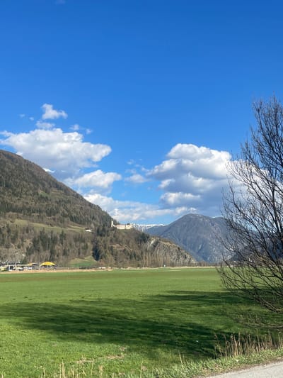 The image presents a vibrant landscape near Sterzing-Vipiteno, Italy. The sky is predominantly clear blue, interspersed with fluffy white clouds. A few bare tree branches are visible in the upper portion of the frame. Mountains rise in the distance, with one exhibiting snow-capped peaks. The lower portion of the image features green fields, with a strip of brown hillside bordering the greenery. Buildings, possibly residences, are nestled on the hillside. Along the extreme right edge, a narrow paved road is present. A shadow stretches across the green field. The scene depicts a rural setting with contrasting elements of nature and man-made structures.