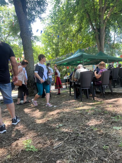 This detailed description pertains to an outdoor gathering in Bolyarovo, Bulgaria.
The image captures an outdoor event under a canopy of large, leafy trees on a sunny day, with bright, dappled sunlight on the ground. The scene is populated by approximately 15-20 individuals engaged in various activities.
In the immediate foreground on the left, a man wearing a black t-shirt, blue denim shorts, and black athletic shoes is partially visible, his left arm and torso prominent. The ground is dry earth, uneven, and covered with sparse dry leaves, twigs, and small patches of green vegetation.
In the mid-ground, several individuals are walking from left to right. A woman with short brown hair, dressed in a white sleeveless top, black trousers, and carrying a tan shoulder bag, walks past a tree trunk. Alongside her, a woman with short, light brown hair and glasses wears a light t-shirt, a dark vest, teal capri pants, and pink athletic shoes, carrying a dark shoulder bag. Further right, a young woman or girl in traditional Bulgarian attire stands with her back partially to the camera, wearing a white top with red embroidery, a red and yellow skirt, a red headband, and dark shoes.
On the right side of the image, two dark green pop-up canopy tents are erected, providing shade. Beneath these tents, several people are seated on dark plastic chairs around tables. One man, seen from the back, has short gray hair and wears a light gray short-sleeved shirt. Next to him, a woman, also seen from the back, has brown hair and wears a purple patterned top. A white banner visible under the right tent displays Cyrillic text, partially legible as "Община Болярово" (Municipality of Bolyarovo) and "Детски Празник" (Children's Festival), confirming the event's nature and location.
Strings of colorful flags and bunting, including Bulgarian flags (white, green, red stripes) and European Union flags (blue with yellow stars), are suspended overhead between the trees and poles, stretching across the upper and middle portions of the scene. A cluster of red, white, and green balloons is visible in the background near the right tent. The setting appears to be a park or wooded area, with significant tree cover creating a shaded, convivial atmosphere for the gathering.
